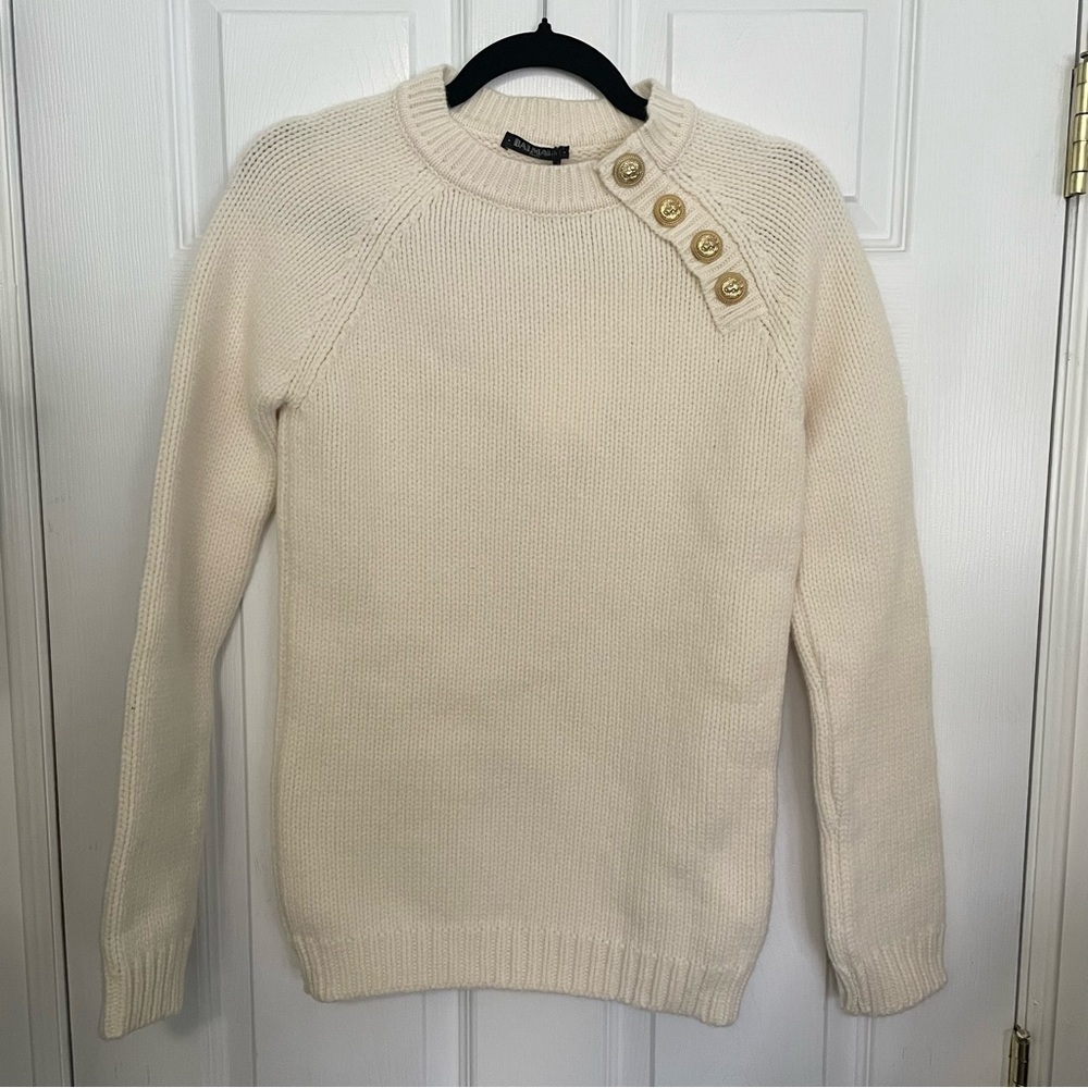 Balmain Paris NWT Cream Knit 100% Merino Wool Crewneck Pullover Sweater 38